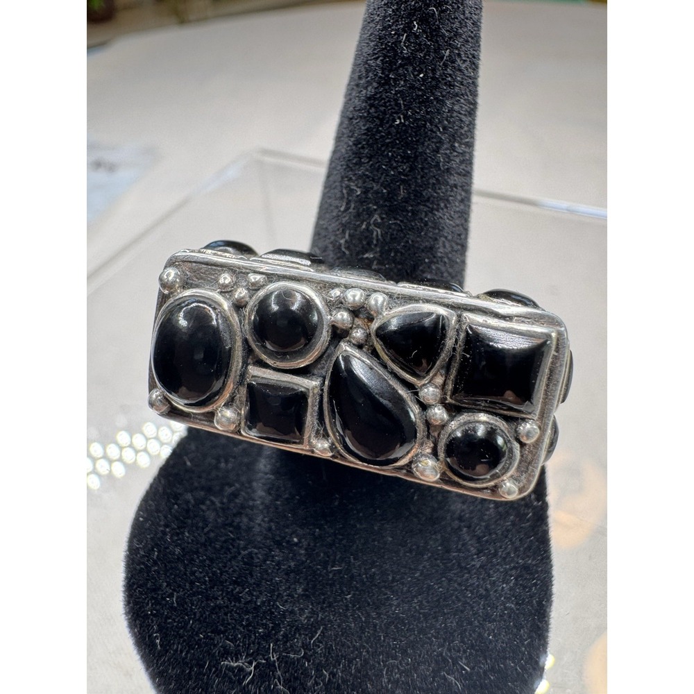 Black Onyx Sterling Silver Cluster Ring Size 7 15.05g 925 Statement